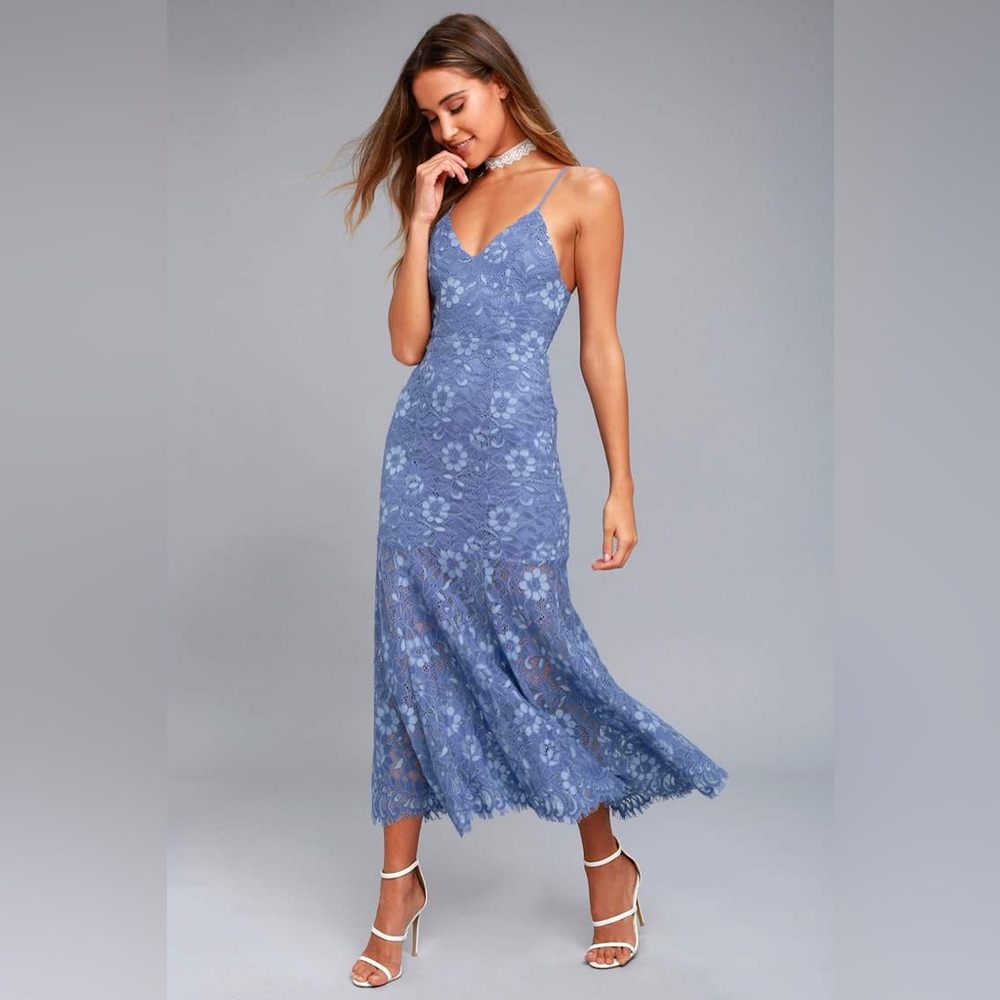 NWT NBD Revolve Brielle Denim Blue Lace Midi Dress Size S
